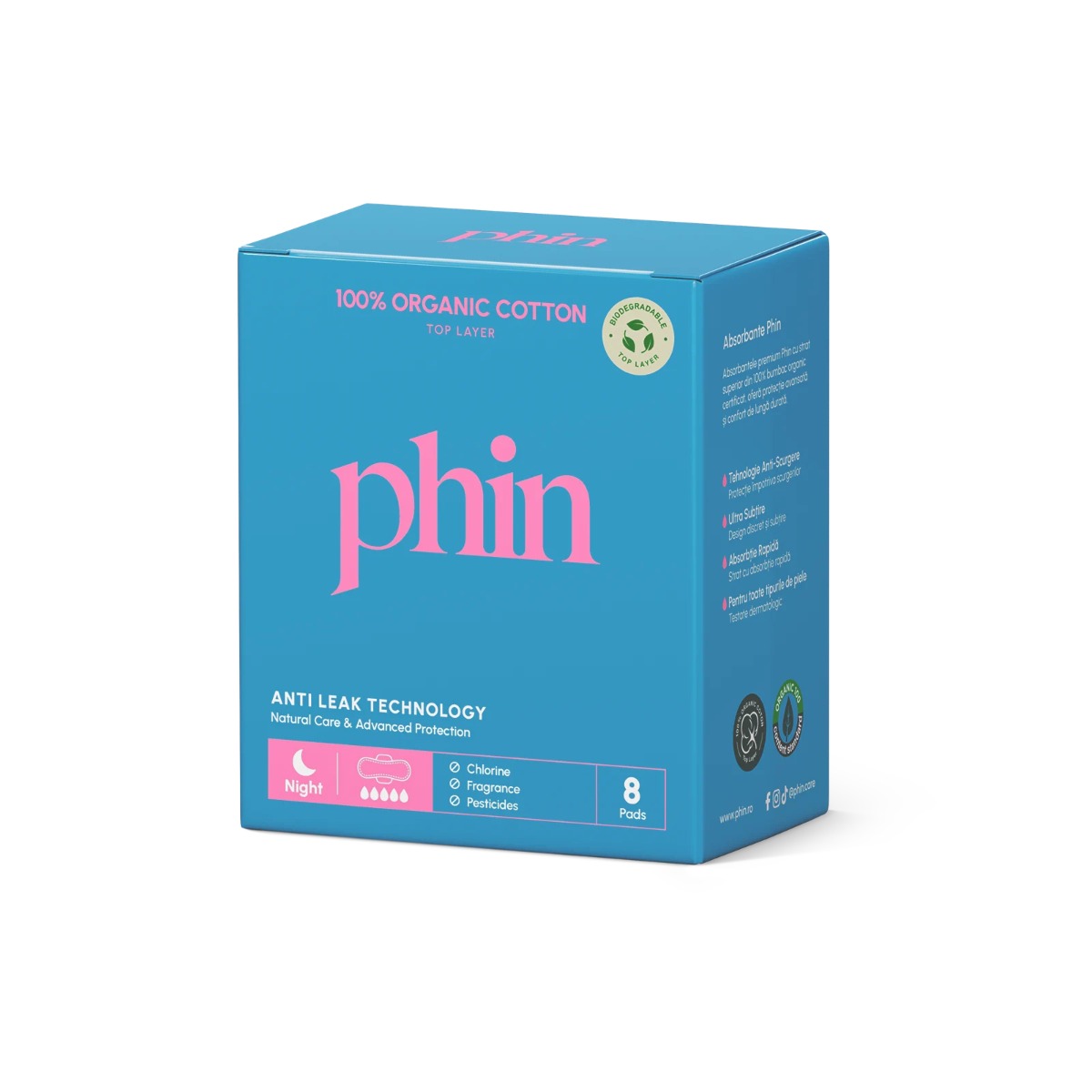 Absorbante pentru noapte din bumbac organic, 8 bucati, Phin
