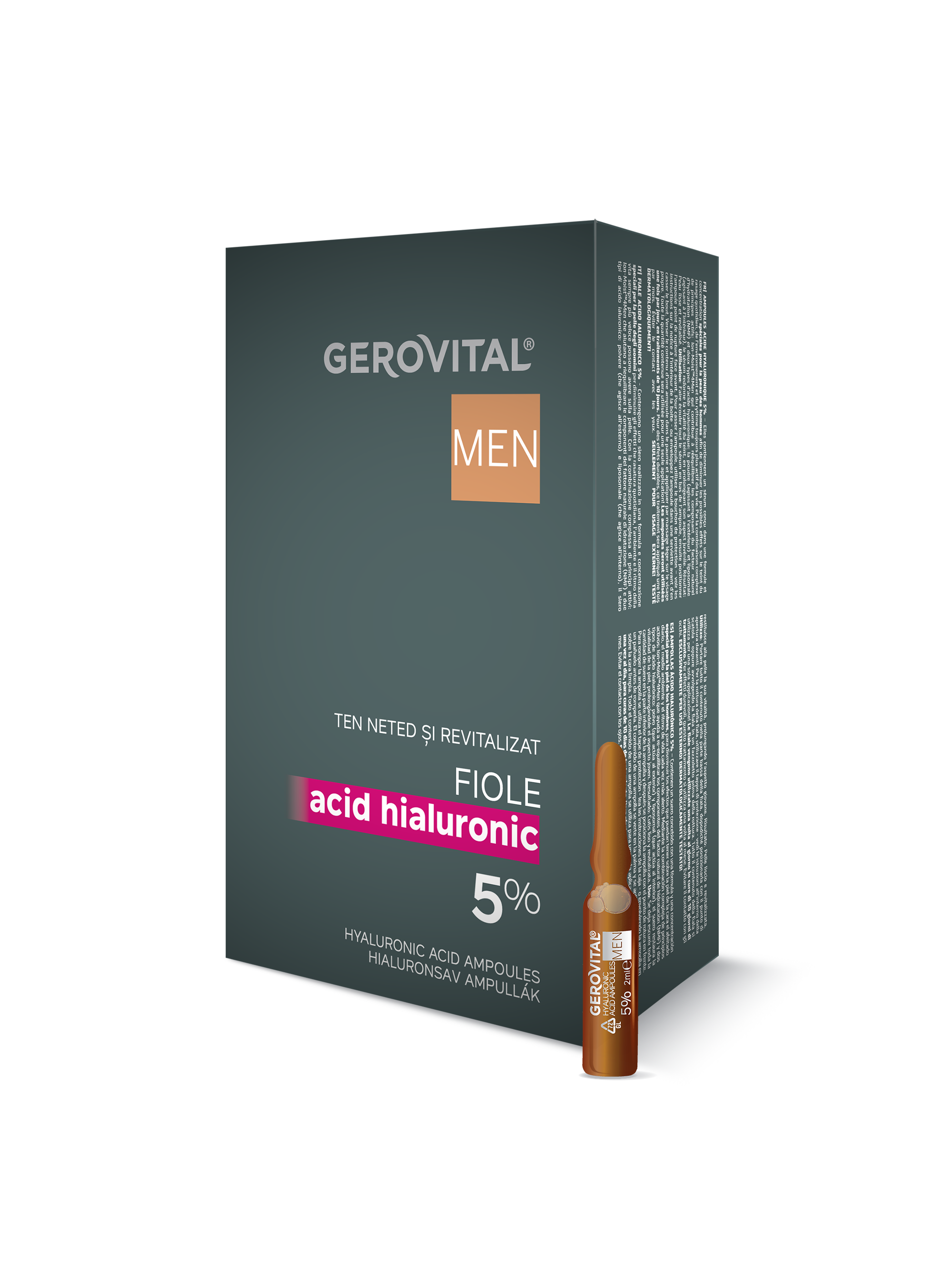 Fiole Cu Acid Hialuronic 5% Pentru Bărbați Tratament Intensiv De Hidratare Pentru Un Ten Neted și Revitalizat, Gerovital Men, 10 Fiole X 2 Ml