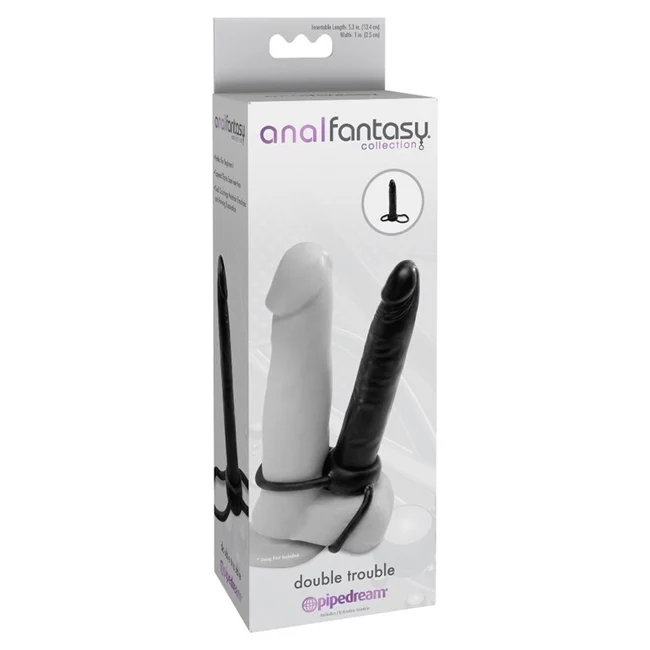 Inel dublu pentru penis cu dildo PIPEDREAM Anal Fantasy, pentru dublă penetrare, lungime 13.1 cm, negru