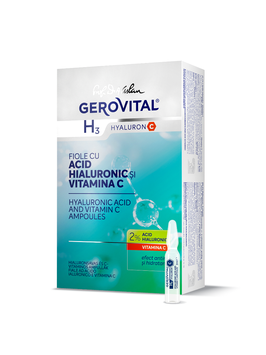 Fiole Cu Acid Hialuronic 2% și Vitamina C Hidratare, Netezire Riduri și Antimbătrnire, Gerovital H3 Hyaluron C, 10 Fiole X 2 Ml