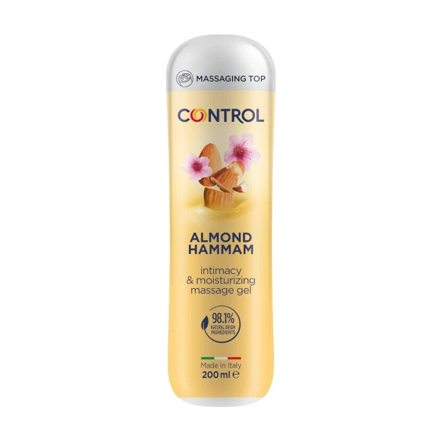 Gel pentru masaj și lubrifiant CONTROL Almond Hammam, capac cu bile de masaj, aromă de lapte de migdale, 200 ml