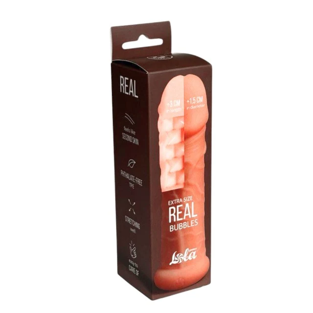 Manșon pentru extensia penisului LOLA Real Bubbles, +3 cm în lungime, +1.5 cm în grosime, culoarea pielii