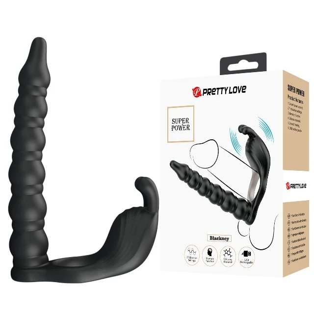 Strap-On PRETTYLOVE - Blackney, cu dubla penetrare, si stimularea clitorisului, 7 functii vibrare, negru