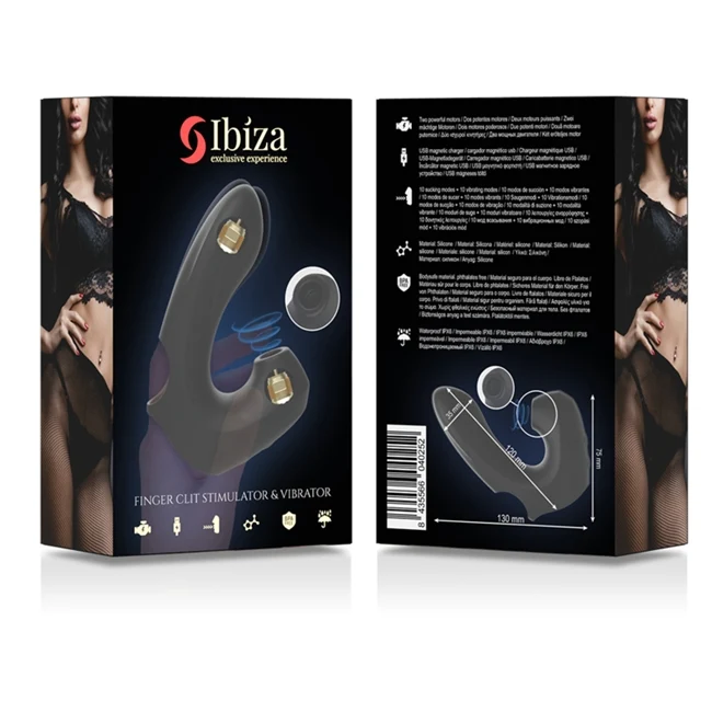Vibrator IBIZA Thimble Finger Clit Stimulator & Vibrator, cu stimulare dubla, 10 functii de aspirare clitoridiana, 10 functii de vibratie, negru
