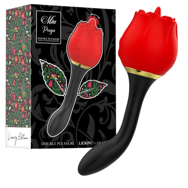 Stimulator clitoridian si anal MIA Double Pleasure, in forma de trandafir, 10 functii de vibratie, culoarea rosu