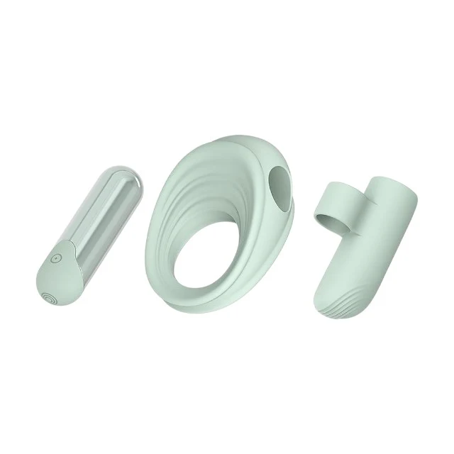 Vibrator multifuncțional DREAMTOYS Glam 3-In-1 Play Kit, purtare pe deget sau ca inel de penis, 7 funcții de vibrație, 3 viteze, verde