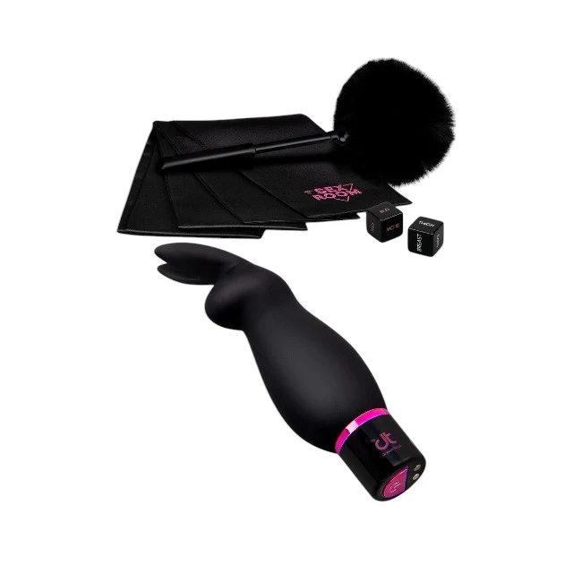 Set DREAMTOYS Sex Room Raunchy Kit, set 6 produse, pentru stimularea prostatei, cu vibrator, puf de gâdilat, zaruri și mască