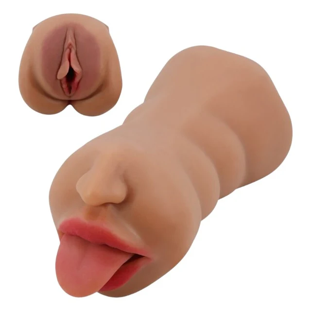 Masturbator dublu CRAZY BULL SARAH, cu simulare orală și vaginală realistă, rezistent la apă, lungime 18 cm, culoare natural închisă