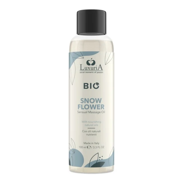 Ulei de masaj LUXURIA Bio Snow Flower, cu uleiuri naturale, fără parabeni, aromă fructată și florală, 100 ml (albastru)