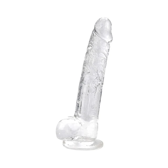 Dildo LOVING JOY 9” Crystal Dildo with Balls, design realist cu testicule, bază cu ventuză, lungime 24 cm, transparent (N12188)