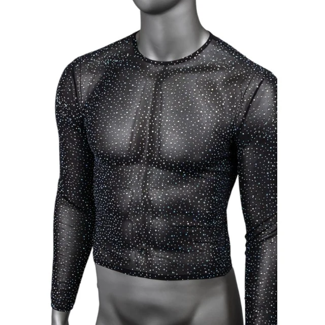 Bluză sexy bărbați CALEXOTICS Radiance Long Sleeve Shirt, design din plasă cu strasuri, negru, mărime universală (20-3)