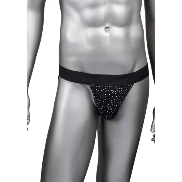 Chilot sexy bărbați CALEXOTICS Radiance Jock Strap, cu benzi subțiri pe fese, design din plasă cu strasuri, negru, mărime universală (40-3)