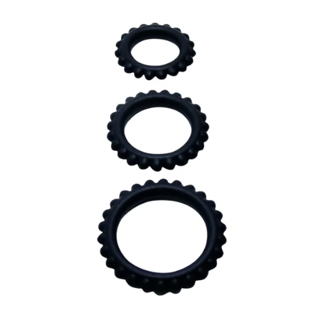 Set 3 inele pentru penis BAILE Titan, pentru întârzierea ejaculării, din silicon, diametre 1.9 cm, 2.4 cm și 2.8 cm, negru