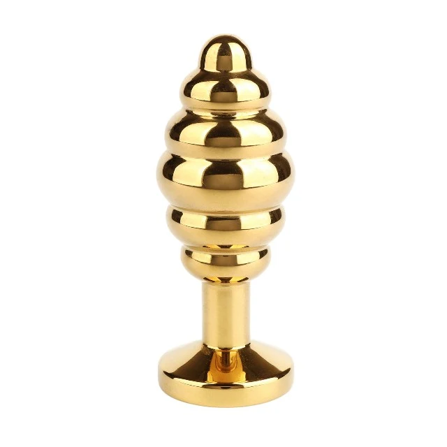 Plug anal MR. STEEL Twister Butt Plug Medium, din oțel inoxidabil, cu striații și bază cu cristal, lungime 7.8 cm (mediu), auriu