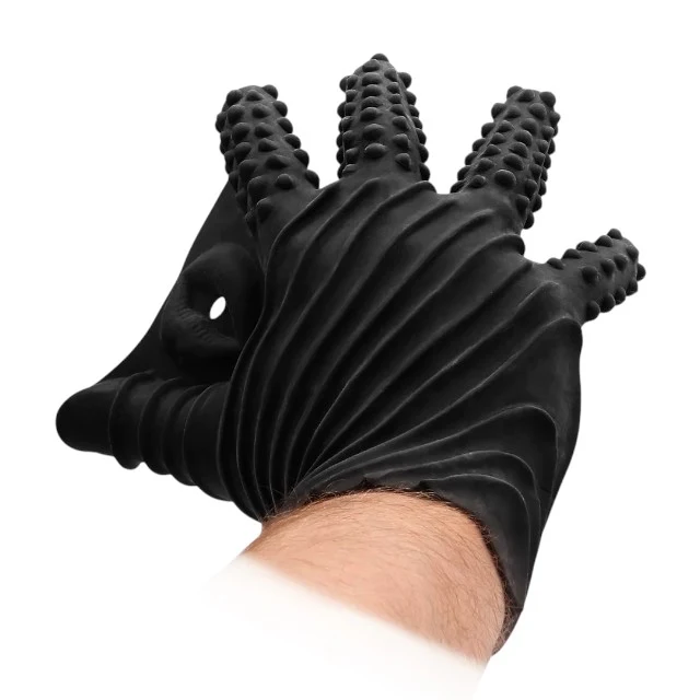 Mănușă erotică FIST IT BY SHOTS Masturbation Glove, din silicon, cu striații și orificiu pentru masturbare, culoarea negru