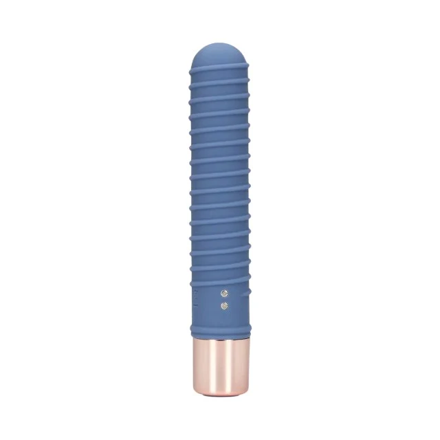Vibrator LOVELINE Ribbed Mini Vibrator, cu striații pentru stimulare versatilă, 10 funcții de vibrație, lungime 14.1 cm, albastru