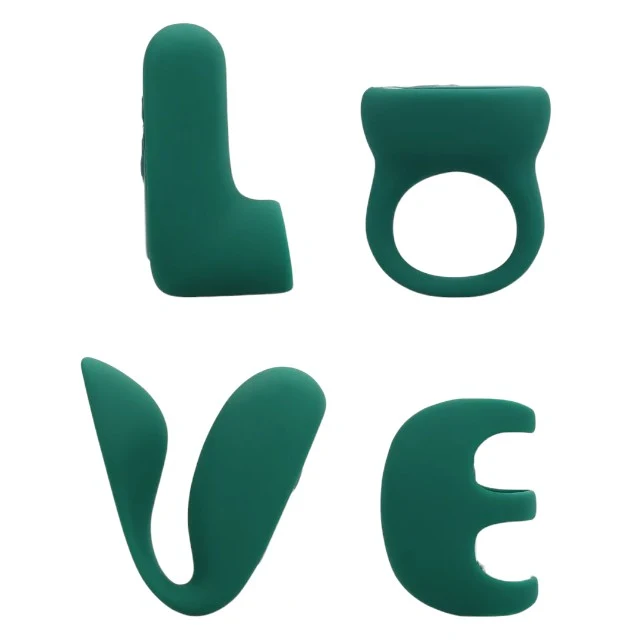 Set jucării erotice LOVELINE ‘Love’ (S)Explore Set, cu stimulator clitoris, vibrator de deget, vibrator pentru cupluri și inel de penis, verde