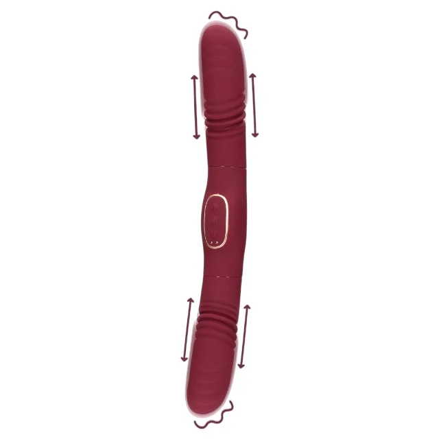 Vibrator dublu LOVELINE Double-Sided Thrusting Vibrator, cu funcție de penetrare automată, 30 funcții de vibrație, 33 cm, roșu