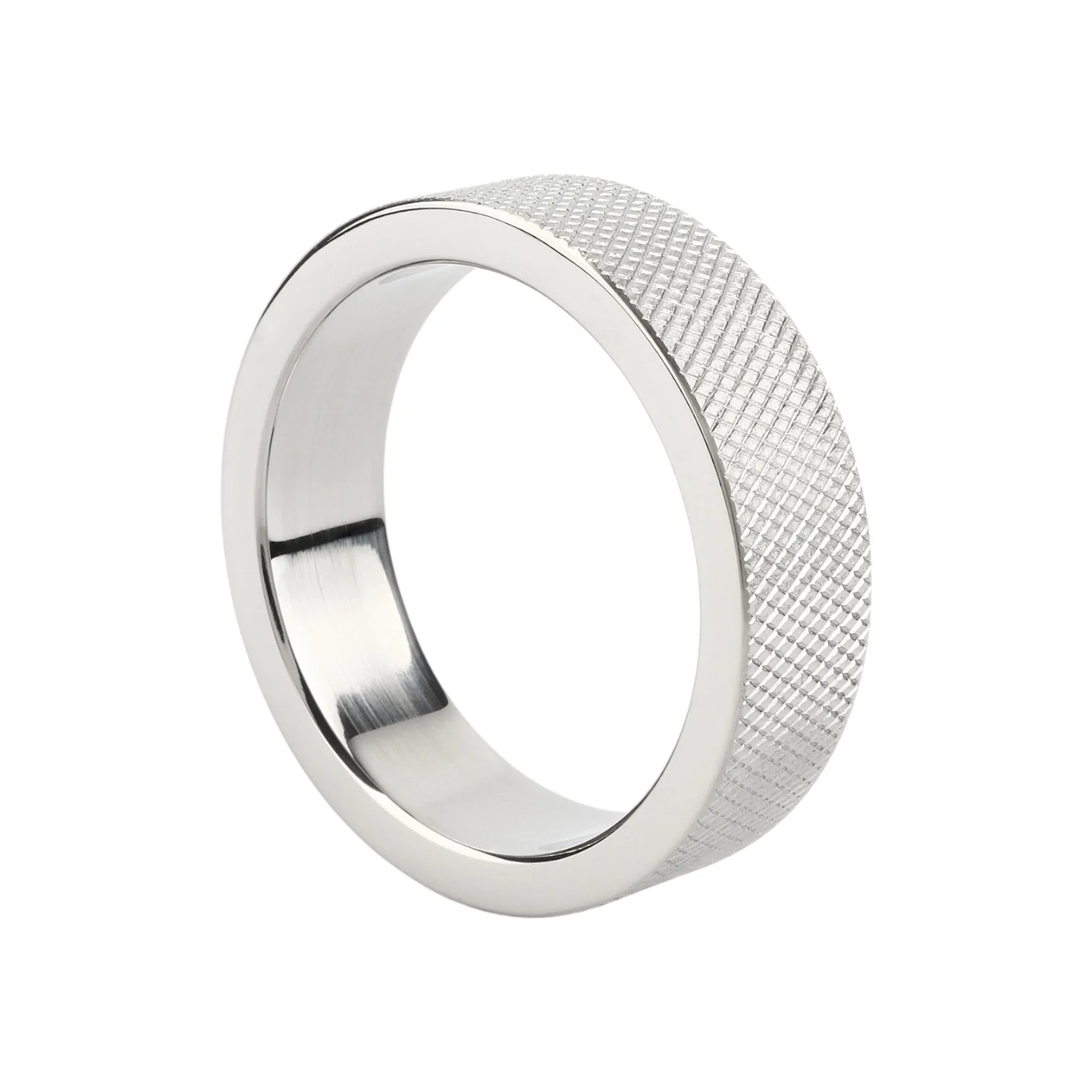 Inel pentru penis MR. STEEL CrissCross C-Ring, cu design geometric, din oțel inoxidabil, diametru 5.5 cm (mare), argintiu