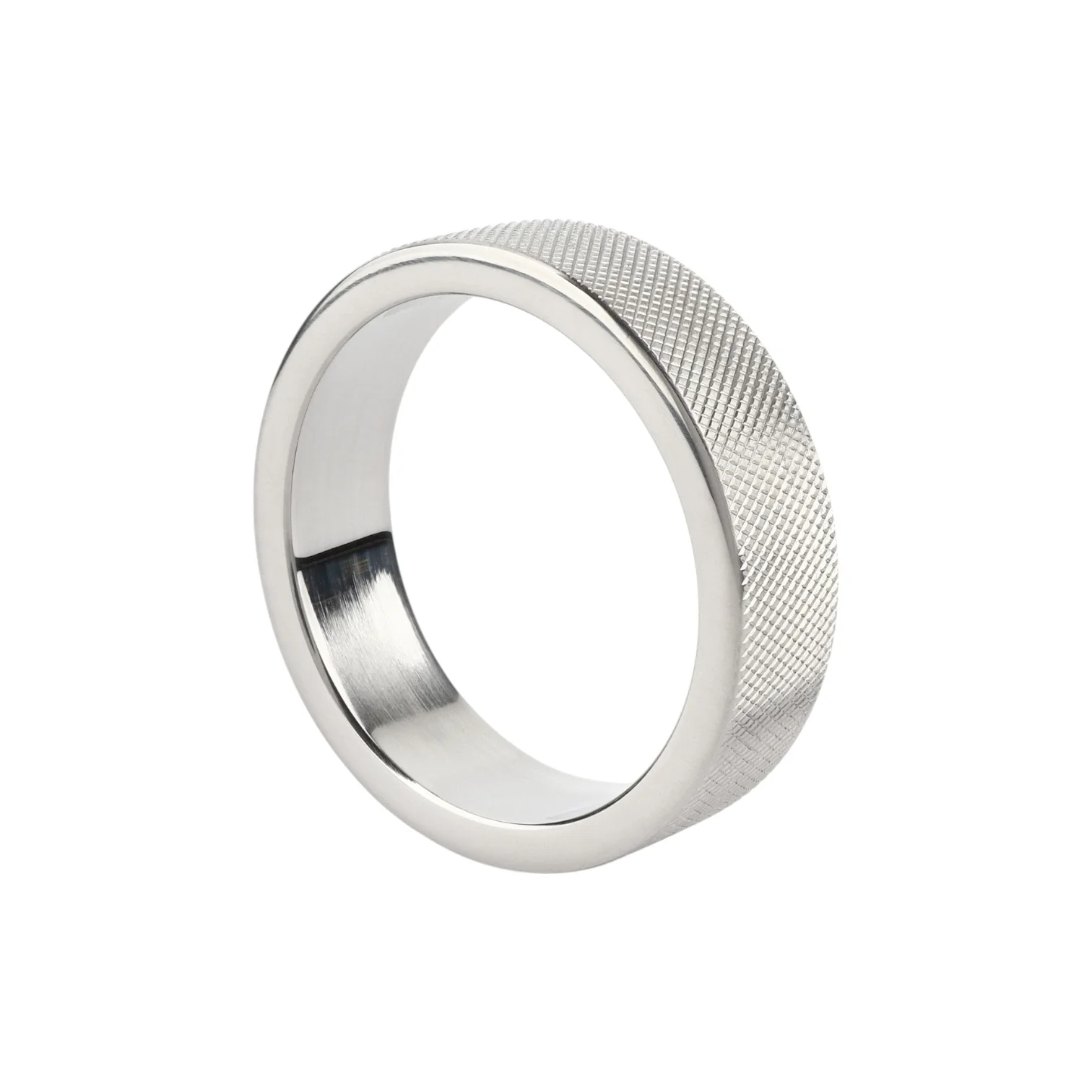 Inel pentru penis MR. STEEL CrissCross C-Ring, cu design geometric, din oțel inoxidabil, diametru 5 cm (mediu), argintiu