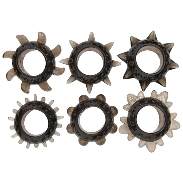 Set 6 inele pentru penis LOVING JOY Textured Rings (6 pack), din TPE, cu texturi variate, culoare negru