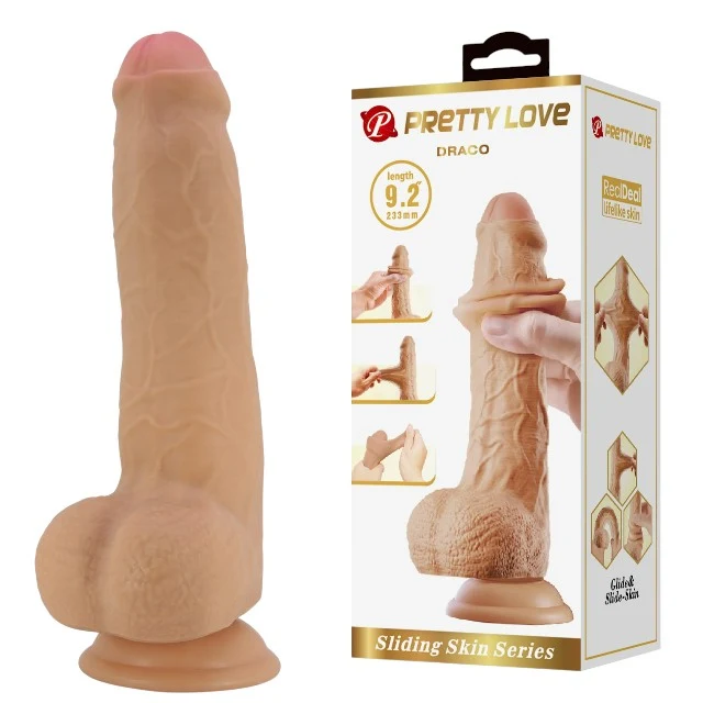 Dildo realist cu testicule PRETTY LOVE Draco, cu material flexibil care imită pielea, bază cu ventuză, 23.3 cm, culoarea pielii