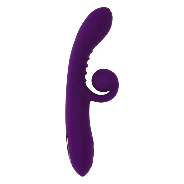 Vibrator dublu PLAYBOY Curlicue, cu striații și stimulator clitoris curbat, 10 funcții de vibrație, rezistent la apă, mov