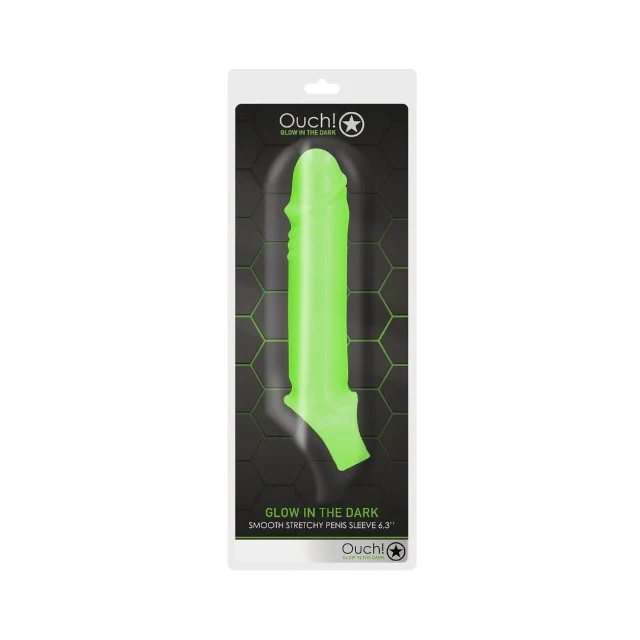 Manșon realist pentru penis OUCH! Glow In The Dark Penis Sleeve 6.3”, cu inel pentru testicule, 15.5 cm, verde fosforescent