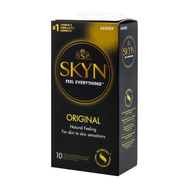 Prezervative MANIX Skyn Original, fără latex, lubrifiate, subțiri și rezistente, diametru 53 mm, 10 bucăți