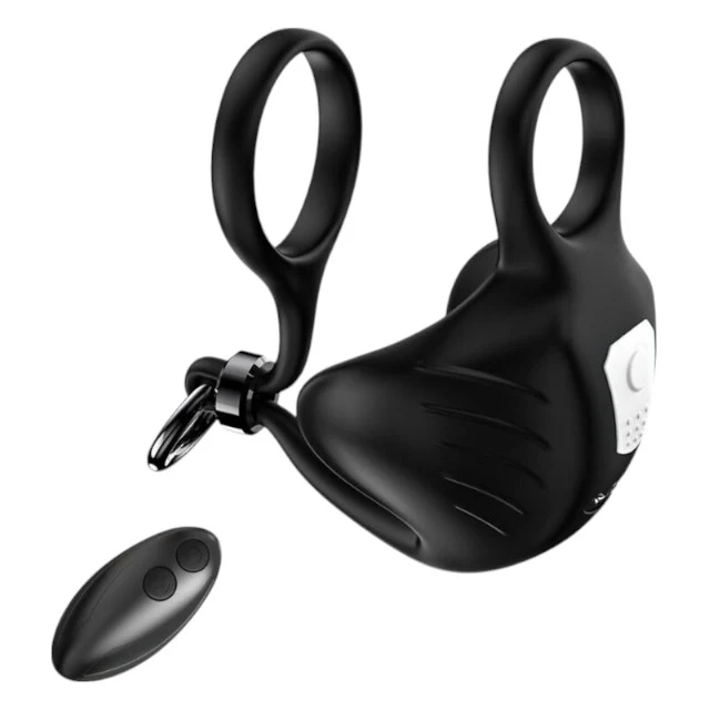 Inel dublu pentru penis ARMONY Manta Scrotum Vibrator, cu vibrator pentru testicule și telecomandă, 9 funcții de vibrație, negru