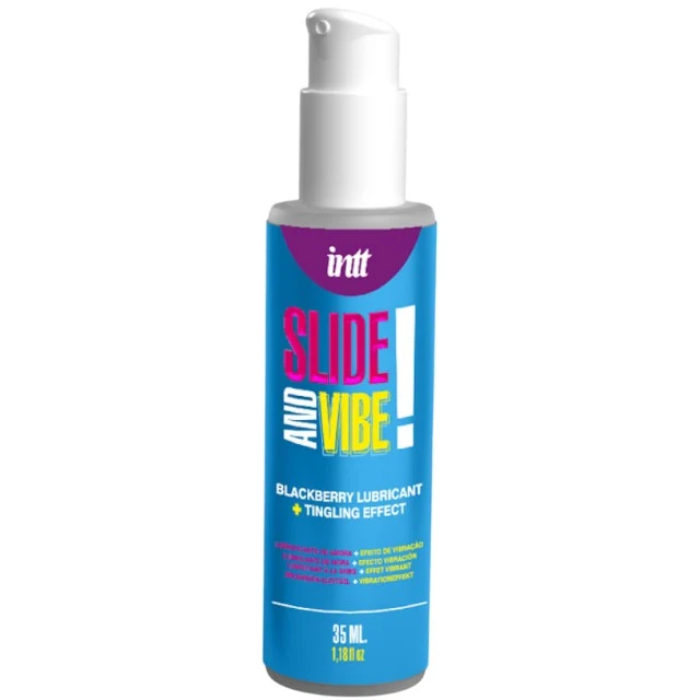 Lubrifiant cu aromă INTT Slide And Vibe, pe bază de apă, cu efect ușor de furnicături, aromă de mure, 35 ml