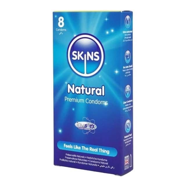 Prezervative SKINS Natural Premium Condoms, din latex ultra-subțire și rezistent, transparente, 8 bucăți