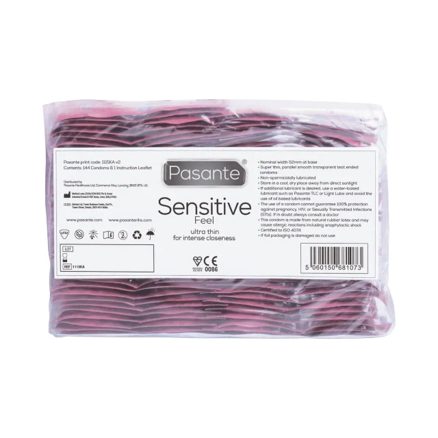 Prezervative PASANTE Sensitive Feel, din latex, ultra-subțiri și rezistente, diametru 52 mm, 144 bucăți