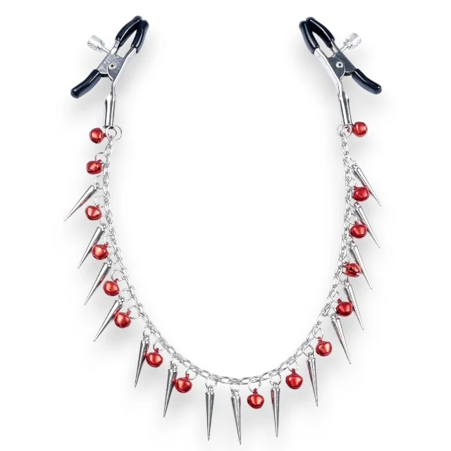 Cleme pentru sfârcuri B-SERIES Exclusive Nipple Clamps, design cu lanț, țepi și clopoței, argintiu cu roșu (61-00011)