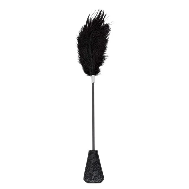Paletă cu puf de gâdilat B-SERIES Fetish Feather Crop, pentru jocuri erotice BDSM, design cu dantelă, culoare negru