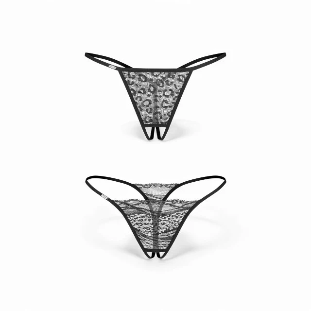 Set 2 chiloți sexy OBSESSIVE Bianca, design crotchless, model dantelă și animal print, culoare negru, mărime L/XL