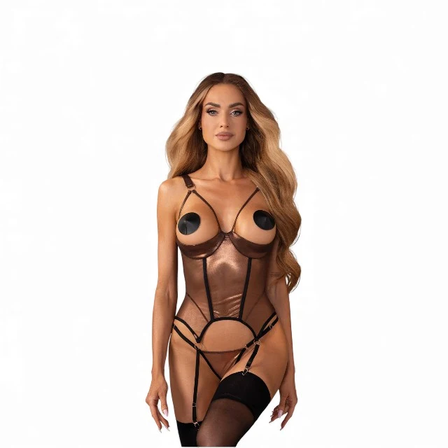 Lenjerie sexy 2 piese OBSESSIVE Soranna, corset + tanga crotchless, din plasă, transparent, reflexe aurii, mărime S/M