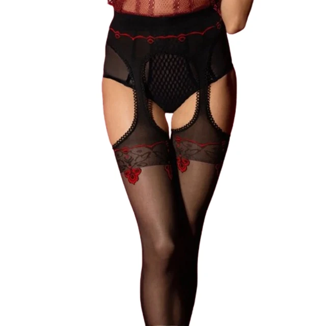 Dresuri sexy FIORE HOSIERY Amour Rouge Suspender Pantyhose, cu bretele și margini dantelate, grosime 20 den, negru cu roșu, mărime 2
