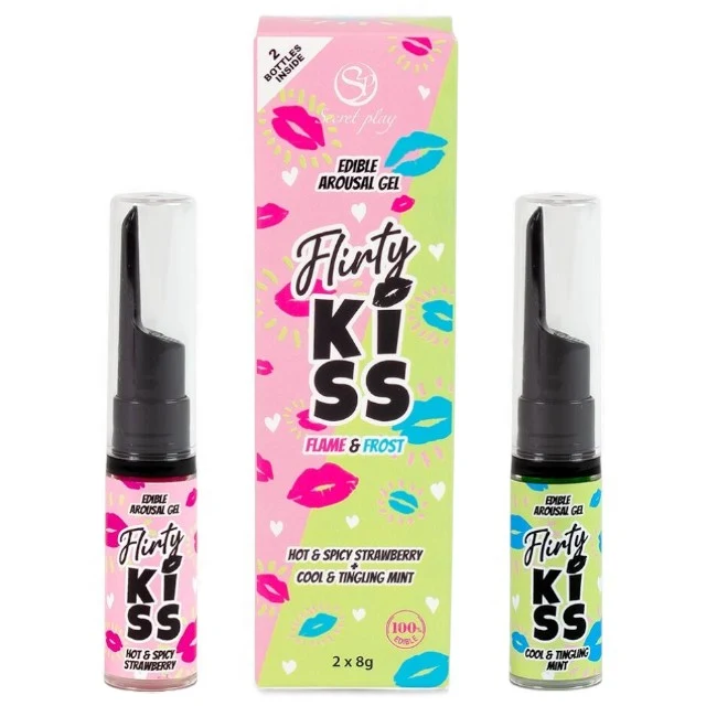 Set geluri pentru sex oral SECRET PLAY Flirty Kiss Gel, cu aromă de căpșuni și de mentă, vegan, fără gluten, zahăr și lactoză, 2 X 8 g