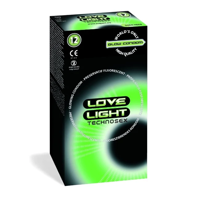 Prezervative LOVE LIGHT TECHNOSEX Glow, din latex, lubrifiate, fosforescente, diametru 52 mm, 12 buc
