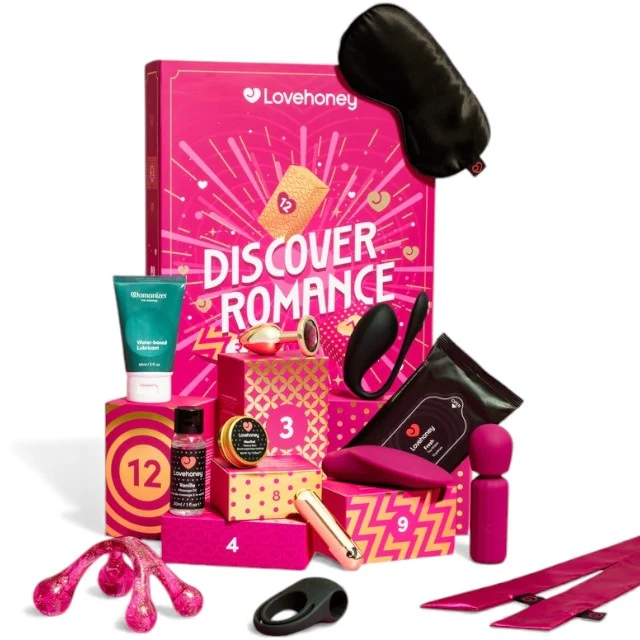 Set jucării erotice WOMANIZER Discover Romance, cu jucării si accesorii erotice, articole de bondage, cosmetice, 12 surprize