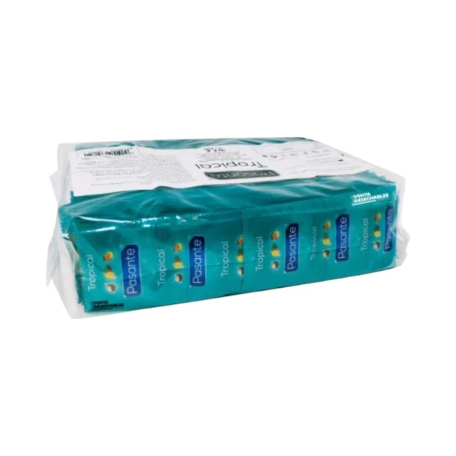 Prezervative PASANTE Tropical Flavours, colorate și cu arome de ananas, nucă de cocos și mango, din latex, diametru 52 mm, 144 buc