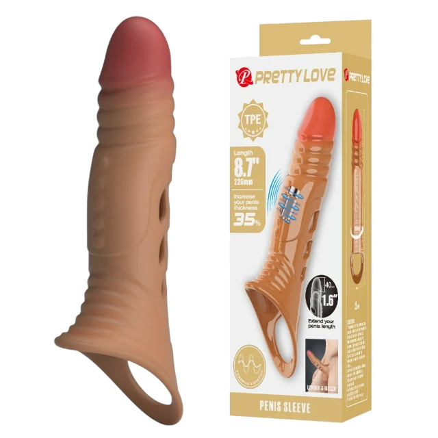 Manșon PRETTY LOVE Vibrating Penis Sleeve, cu mini vibrator, pentru extensia și îngroșarea penisului, inel pentru testicule, +4 cm în lungime, culoare maro