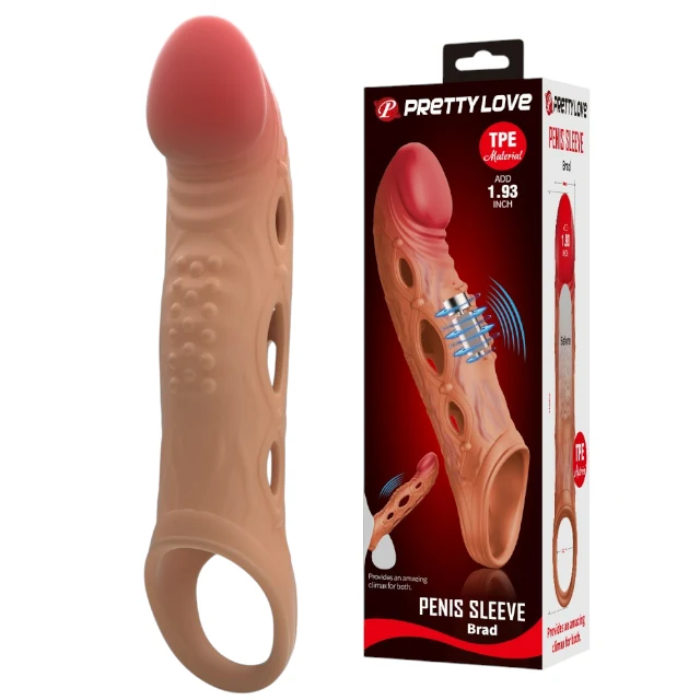 Manșon PRETTY LOVE Brad Brown, cu mini vibrator, pentru extensia și îngroșarea penisului, inel pentru testicule, +4 cm în lungime, culoarea maro