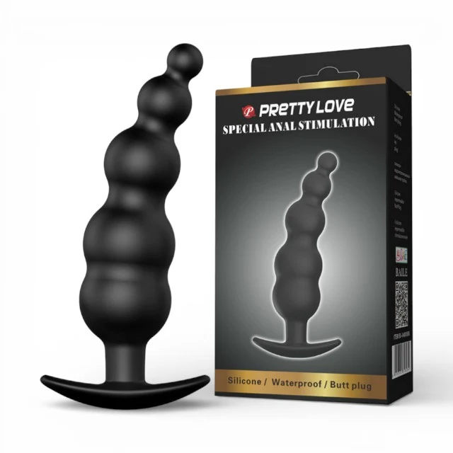 Plug anal PRETTY LOVE Special Anal Stimulation, din silicon medical, cu mâner ergonomic, dimensiuni variate, culoare negru, 11.8 cm