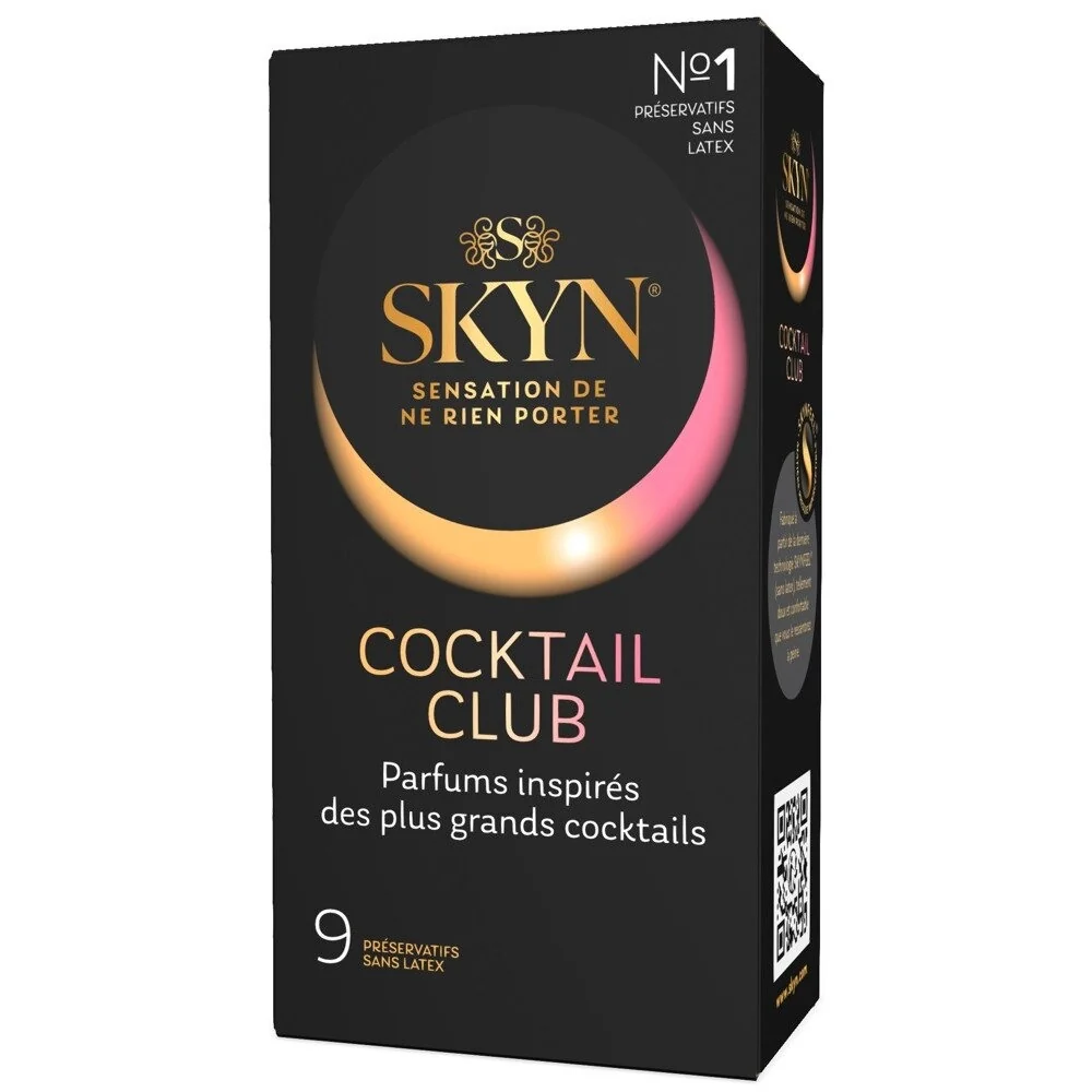 Prezervative MANIX Skyn Cocktail Club, aromate, fără latex, ultra-subțiri și rezistente, diametru 53 mm, 9 bucăți