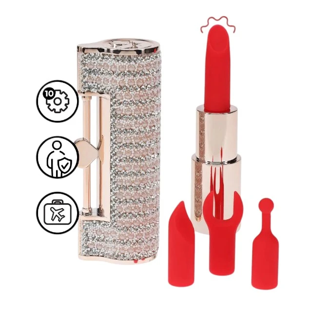 Stimulator clitoris LOVELINE Angel, în formă de ruj, design elegant, capete interschimbabile din silicon, 5 funcții de vibrație, culoare roz