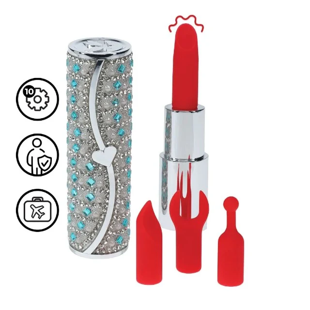 Stimulator clitoris LOVELINE Tiffany, în formă de ruj, design elegant, capete interschimbabile din silicon, 5 funcții de vibrație, culoare albastru