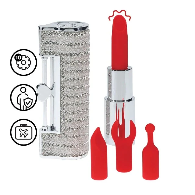 Stimulator clitoris LOVELINE Angel, în formă de ruj, design elegant, capete interschimbabile din silicon, 5 funcții de vibrație, culoare argintiu
