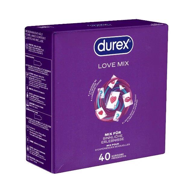 Set prezervative DUREX Love Mix, diverse sortimente, extra subțiri, aromate, texturate și extra lubrifiate, din latex, diametru 56 ± 2 mm, 40 buc